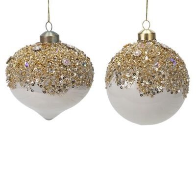 ΓΥΑΛΙΝΗ ΜΠΑΛΑ ΛΕΥΚΗ ΠΑΣΠΑΛΙΣΜΕΝΗ ΜΕ ΧΡΥΣΟ GLITTER, 2 ΣΧΗΜΑΤΑ, ΣΕΤ 4ΤΜΧ, 10cm (600-48769)
