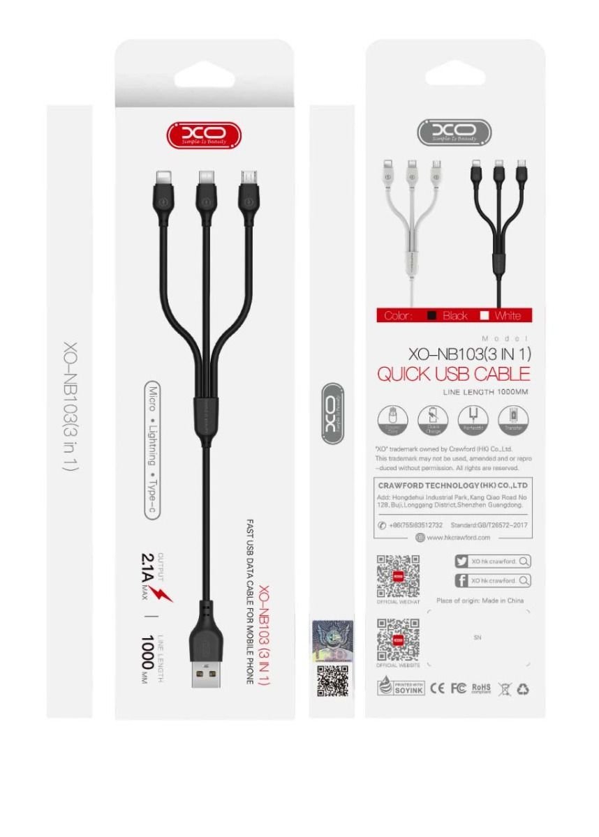 XO NB103 2.0A 3 σε 1 Καλώδιο USB Λευκό (16.005.0357) - Image 2