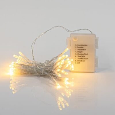 ΣΕΙΡΑ, 96 LED 3mm, BATTERY BOX 3xAA, 8 ΠΡΟΓΡΑΜΜΑΤΑ & ΜΝΗΜΗ, TIMER, ΔΙΑΦΑΝΟ PVC ΚΑΛΩΔΙΟ, ΘΕΡΜΟ ΛΕΥΚΟ LED ΑΝΑ 10cm, ΠΡΟΕΚΤΑΣΗ ΠΑΡΟΧΗΣ 30cm, IP44 (DISPLAY BOX 16τμχ) (600-05601)