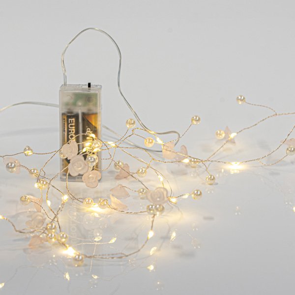 ΣΕΙΡΑ, 20 MINI LED, ΑΚΡΥΛΙΚΑ ΛΟΥΛΟΥΔΙΑ & ΠΕΡΛΕΣ, ΜΠΑΤΑΡΙΑΣ 2xAA, ΧΡΟΝΟΔΙΑΚΟΠΤΗ, ΑΣΗΜΙ ΧΑΛΚΙΝΟ ΚΑΛΩΔΙΟ, ΘΕΡΜΟ ΛΕΥΚΟ LED ΑΝΑ 7.5cm, ΠΡΟΕΚΤΑΣΗ ΠΑΡΟΧΗΣ 50cm, IP20 (600-11479) - Image 2