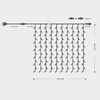 ΚΟΥΡΤΙΝΑ, 200 LED 5mm ΜΕ ΚΑΛΥΜΜΑ, 230V, 3 ΕΠΕΚΤΑΣΕΙΣ ΕΩΣ 5 ΣΕΤ, ΠΡΑΣΙΝΟ ΚΑΟΥΤΣΟΥΚ ΚΑΛΩΔΙΟ, ΘΕΡΜΟ ΛΕΥΚΟ LED (H100 x W200cm, 20 ΓΡΑΜΜΕΣ x 10 LED), ΠΡΟΕΚΤΑΣΗ ΠΑΡΟΧΗΣ 1.5m, ΙΡ65 (600-11116)