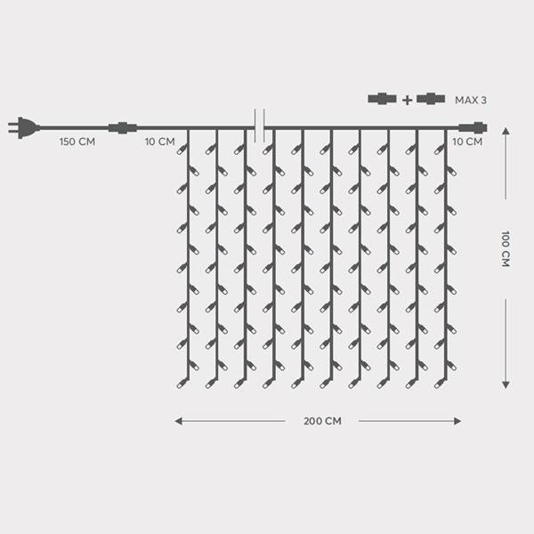 ΚΟΥΡΤΙΝΑ, 200 LED 5mm ΜΕ ΚΑΛΥΜΜΑ, 230V, 3 ΕΠΕΚΤΑΣΕΙΣ ΕΩΣ 5 ΣΕΤ, ΠΡΑΣΙΝΟ ΚΑΟΥΤΣΟΥΚ ΚΑΛΩΔΙΟ, ΘΕΡΜΟ ΛΕΥΚΟ LED (H100 x W200cm, 20 ΓΡΑΜΜΕΣ x 10 LED), ΠΡΟΕΚΤΑΣΗ ΠΑΡΟΧΗΣ 1.5m, ΙΡ65 (600-11116)