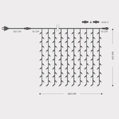 ΚΟΥΡΤΙΝΑ, 200 LED 5mm, 230V, 3 ΕΠΕΚΤΑΣΕΙΣ ΕΩΣ 5 ΣΕΤ, ΠΡΑΣΙΝΟ ΚΑΟΥΤΣΟΥΚ ΚΑΛΩΔΙΟ, ΘΕΡΜΟ ΛΕΥΚΟ LED (H100 x W200cm, 20 LINES x 10 LED), ΠΡΟΕΚΤΑΣΗ ΠΑΡΟΧΗΣ 1.5m ΙΡ65 (600-09671)