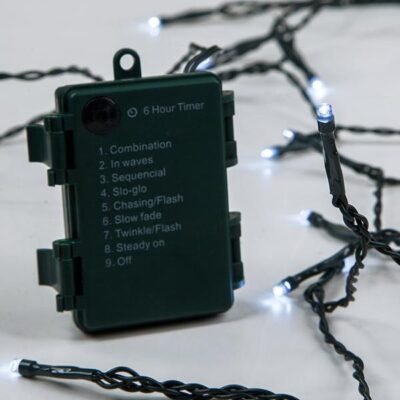 ΣΕΙΡΑ, 96 LED 3mm, ΜΠΑΤΑΡΙΑΣ 3xAA, 8 ΠΡΟΓΡΑΜΜΑΤΑ & ΜΝΗΜΗ, TIMER, ΠΡΑΣΙΝΟ PVC ΚΑΛΩΔΙΟ, ΛΕΥΚΟ LED ANA 10cm, ΠΡΟΕΚΤΑΣΗ ΠΑΡΟΧΗΣ 30cm, IP44 (DISPLAY BOX 16τμχ) (600-05580)