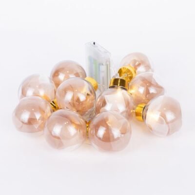 ΣΕΙΡΑ, 10 LED 5mm, ΔΙΑΚΟΣΜΗΤΙΚEΣ ΜΠΑΛΕΣ ΜΕ ΡΟΖ ΧΡΥΣΟ ΥΦΑΣΜΑ, ΜΠΑΤΑΡΙΑΣ 3ΧΑΑ, ΧΡΟΝΟΔΙΑΚΟΠΤΗ, ΘΕΡΜΟ ΛΕΥΚΟ LED ΑΝΑ 15cm, ΔΙΑΦΑΝΟ PVC ΚΑΛΩΔΙΟ, ΠΡΟΕΚΤΑΣΗ ΠΑΡΟΧΗΣ 30cm, IP20 (600-03055)
